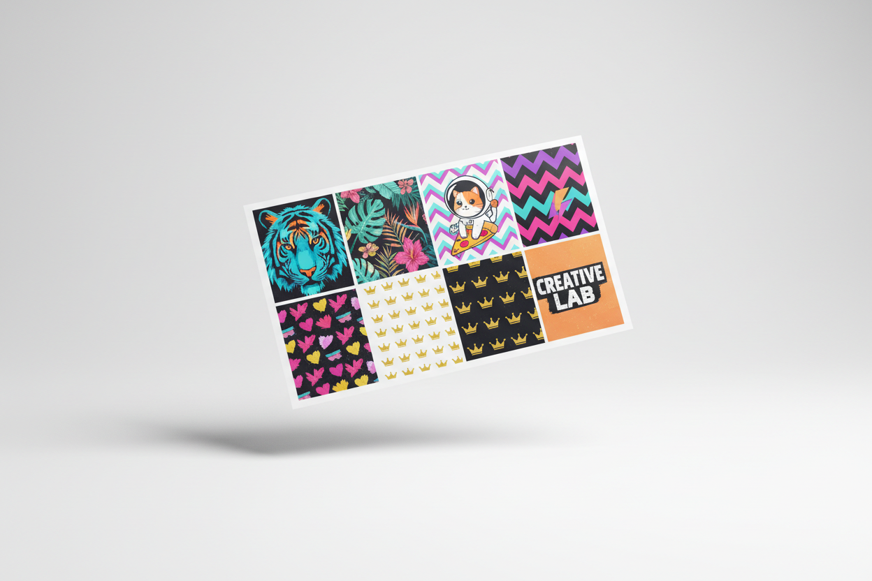 Hoja con impresiones de DTF textil. La hoja esta flotando en un fondo blanco mostrando todas las impresiones